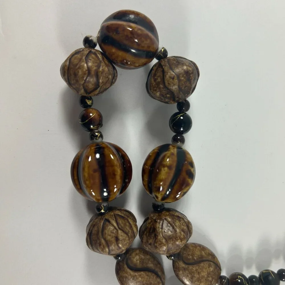 Esmor Beaded Necklace Brown Silver Tone Textured Graduated Ethnic 16-21